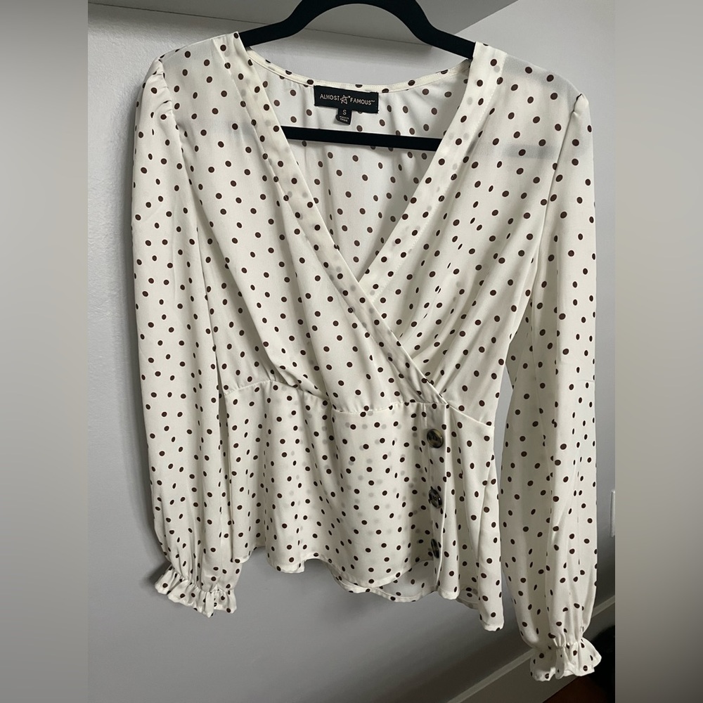 Almost Famous brown and white poka dot blouse